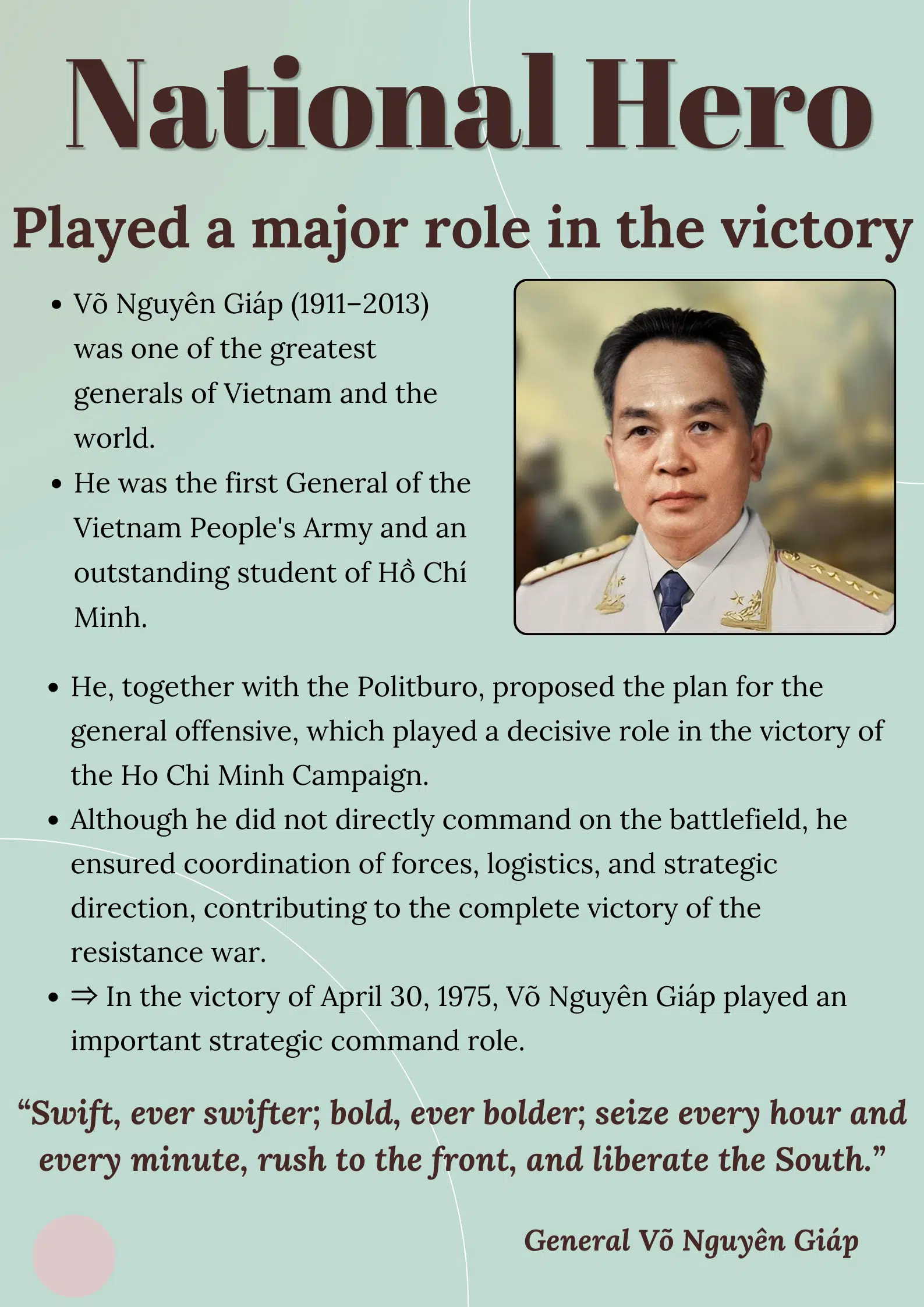 National hero – Played a major role in the victory